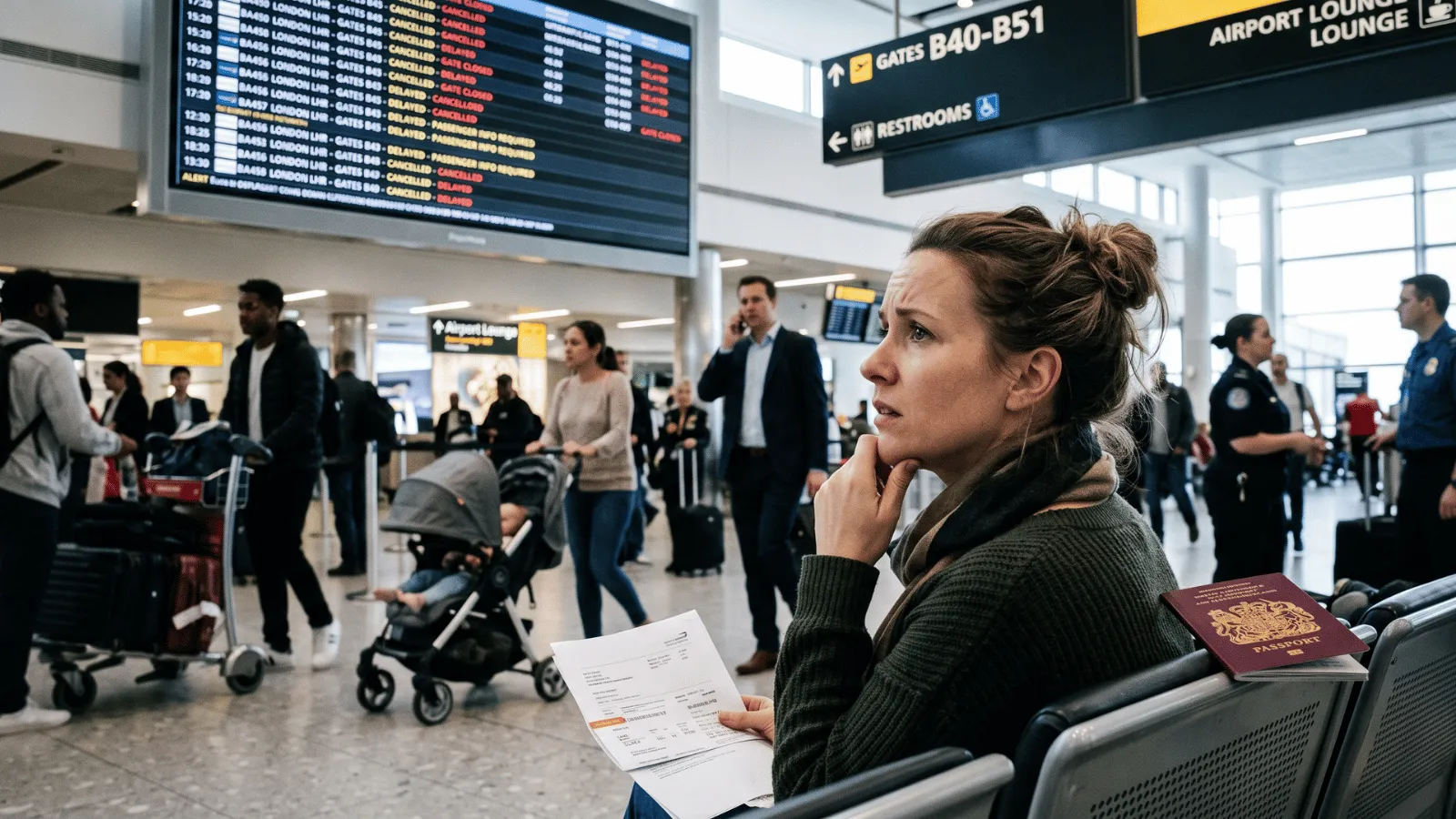 Traveller in an airport concerned about travel plans while holding documents and a passport.