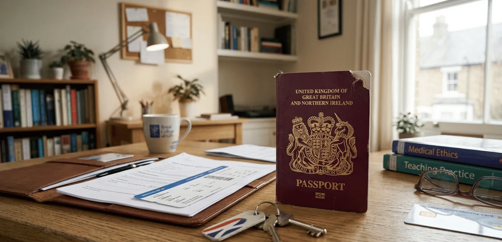 A slightly damaged UK passport next to travel documents.