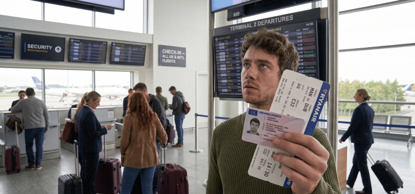 Traveller holding a boarding pass and driving licence at a UK airport.