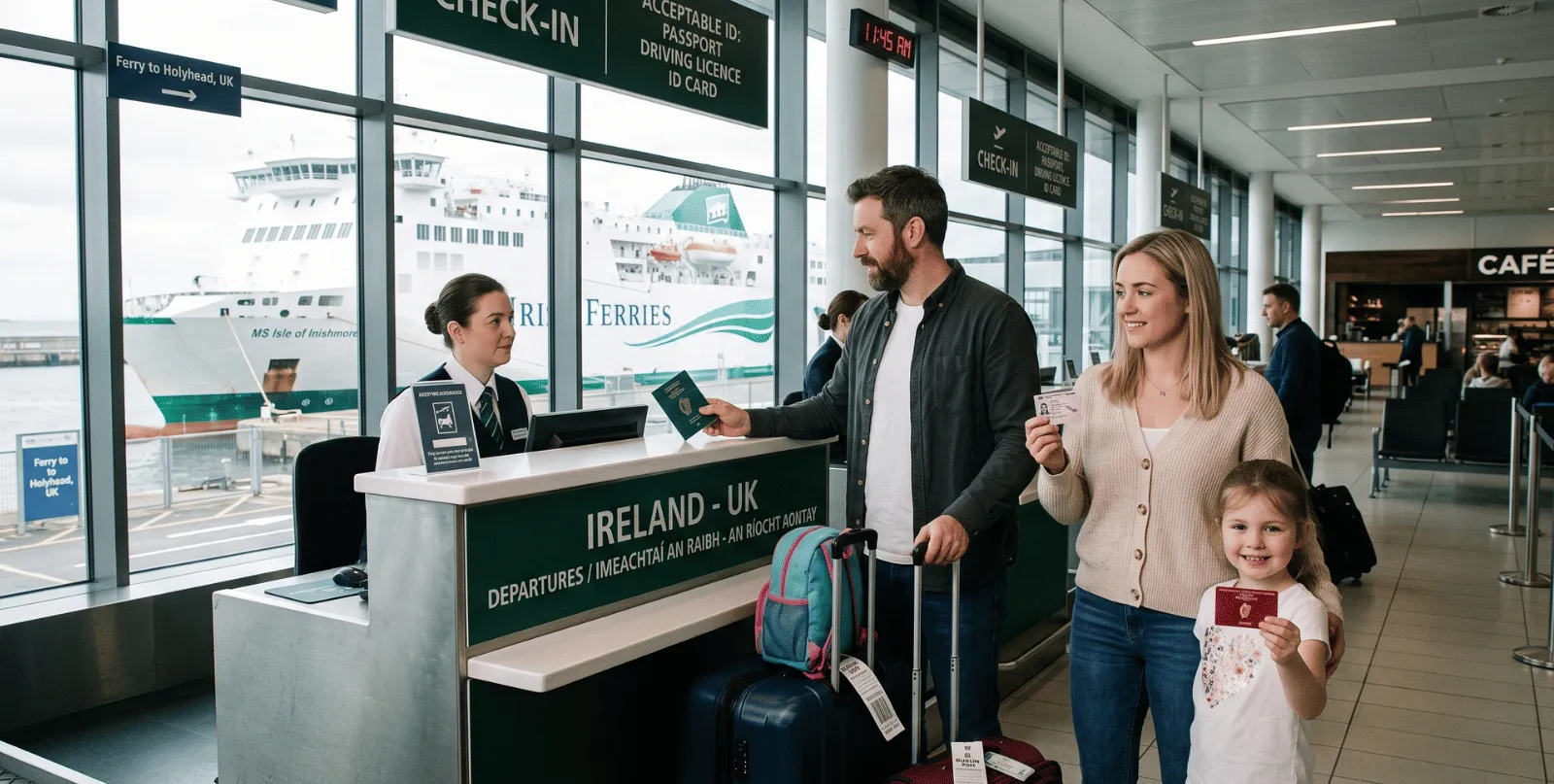 Family showing IDs at a ferry terminal from Ireland to the UK.