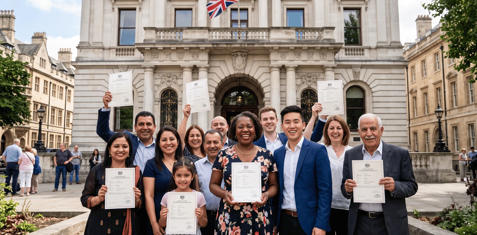 Newly naturalised British citizens with certificates outside a UK building
