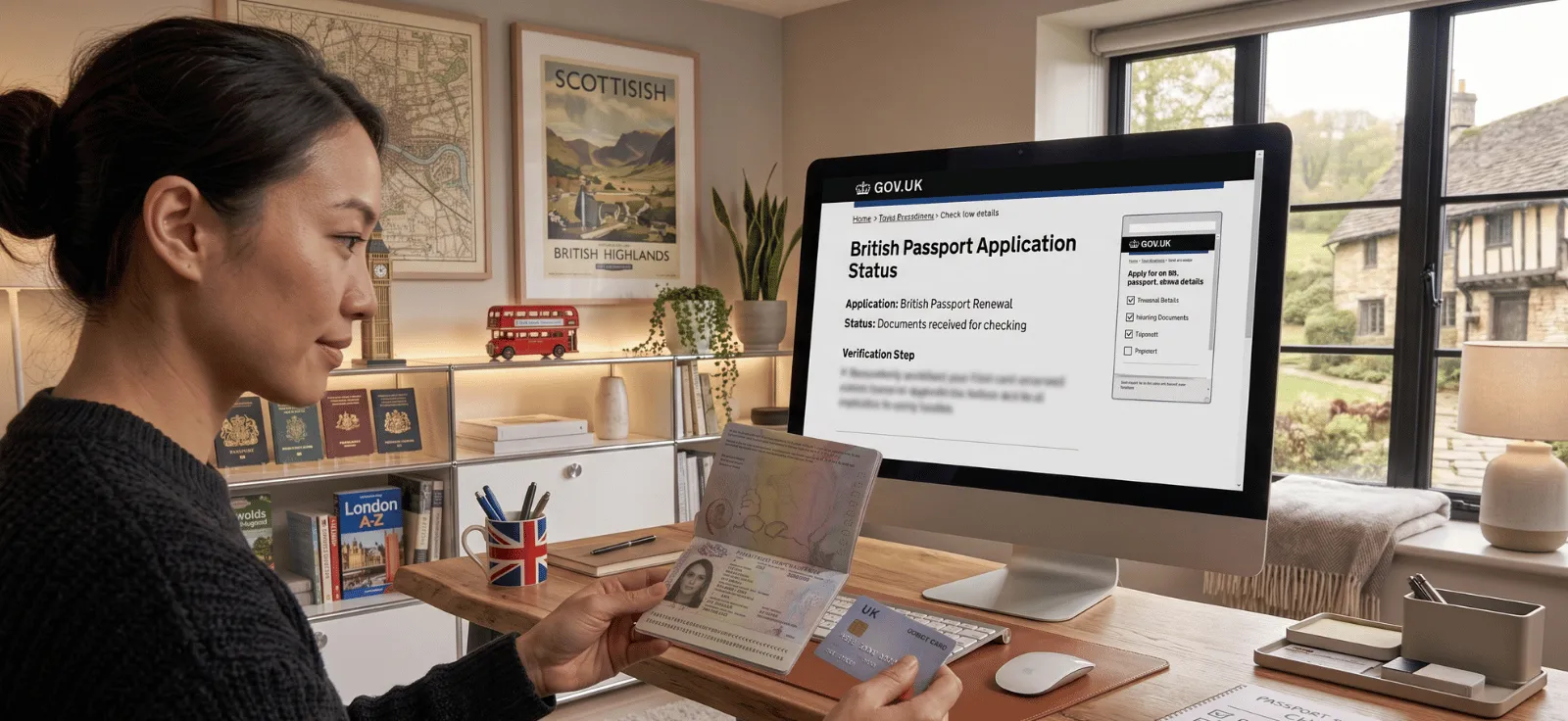 Person examining a British passport at a desk.