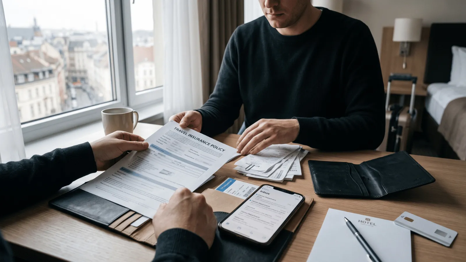 Traveller organising insurance and expense records at a desk after losing a passport