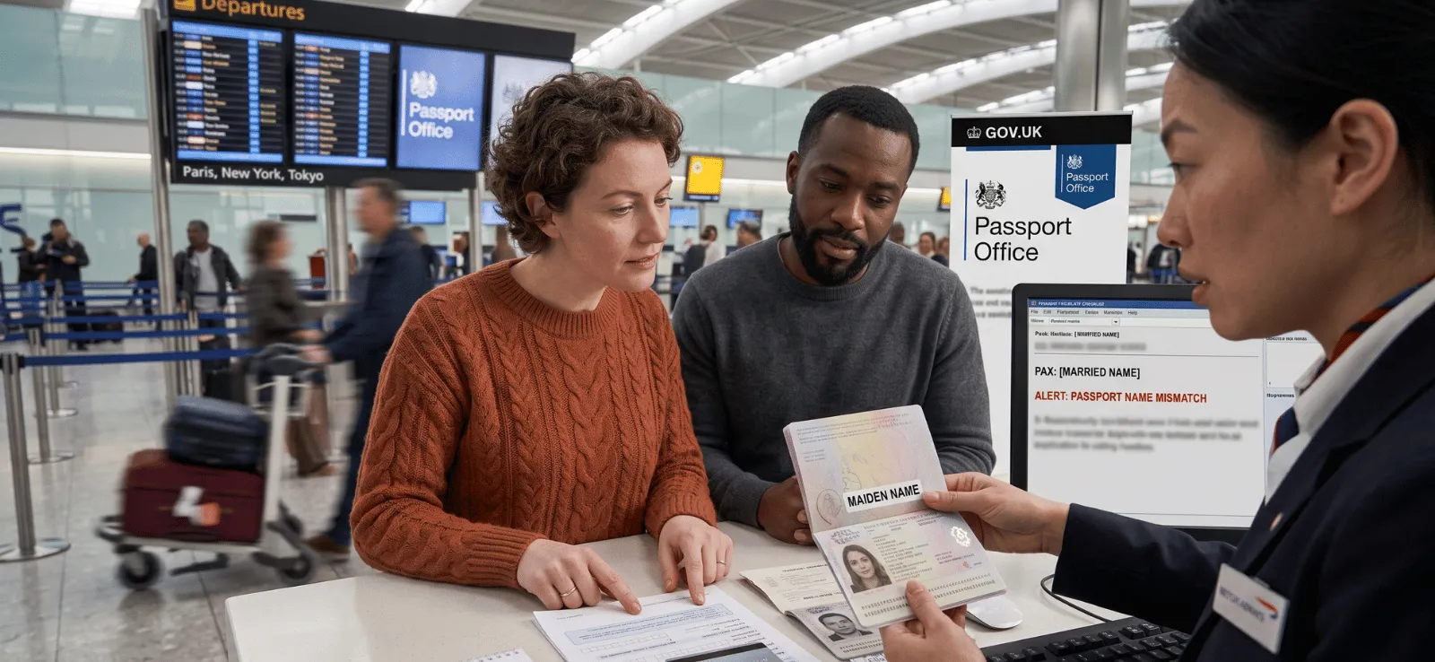 Couple at airport check-in with passports and marriage certificate