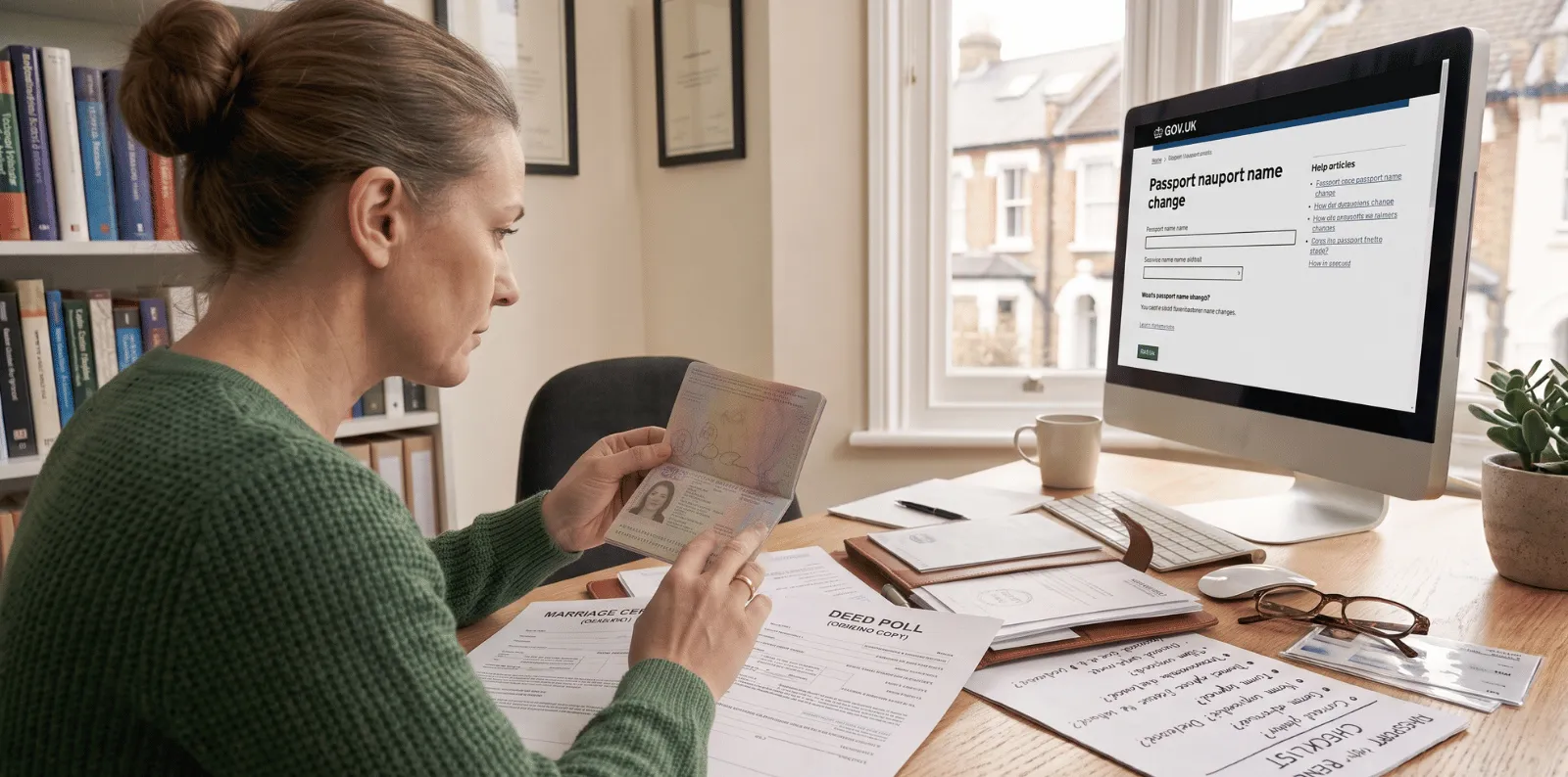 British individual reviewing documents for a UK passport name change in a home office.