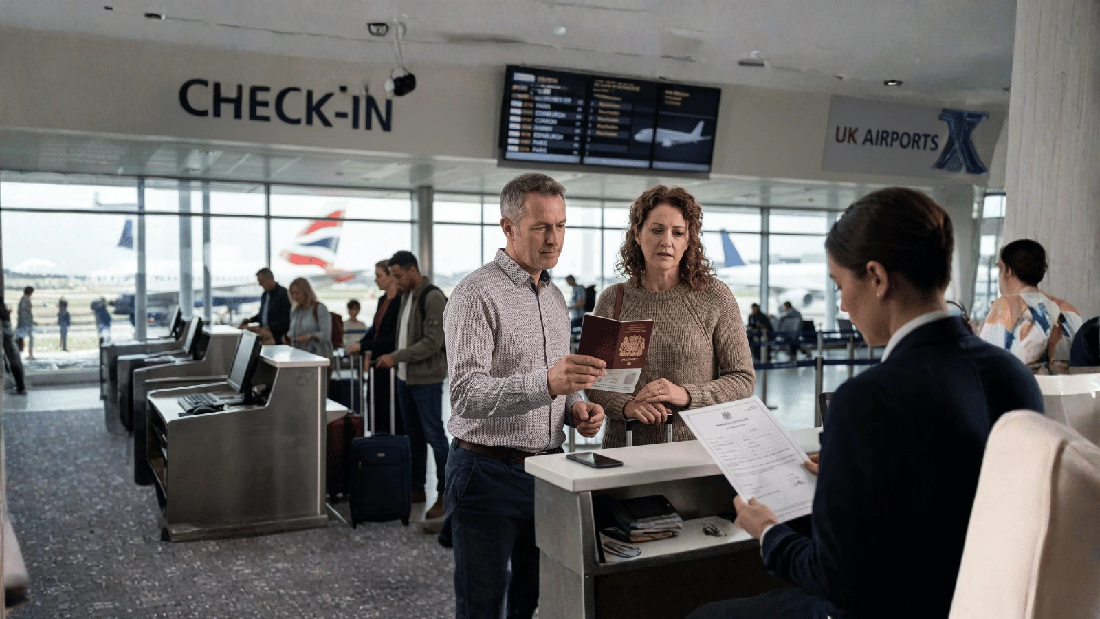 British couple at airport with passport and marriage certificate