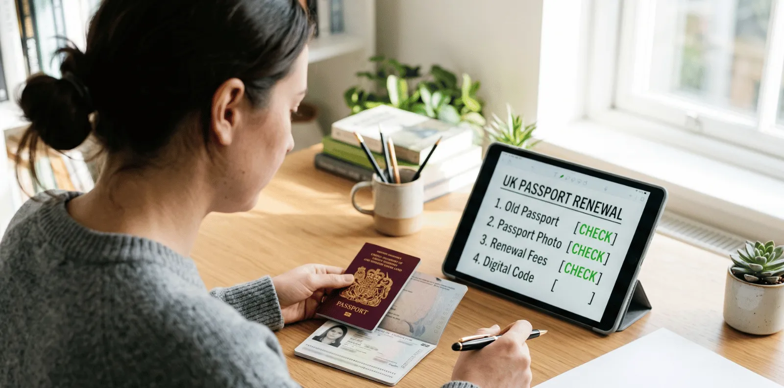 Person preparing for UK passport renewal with a digital checklist at home.