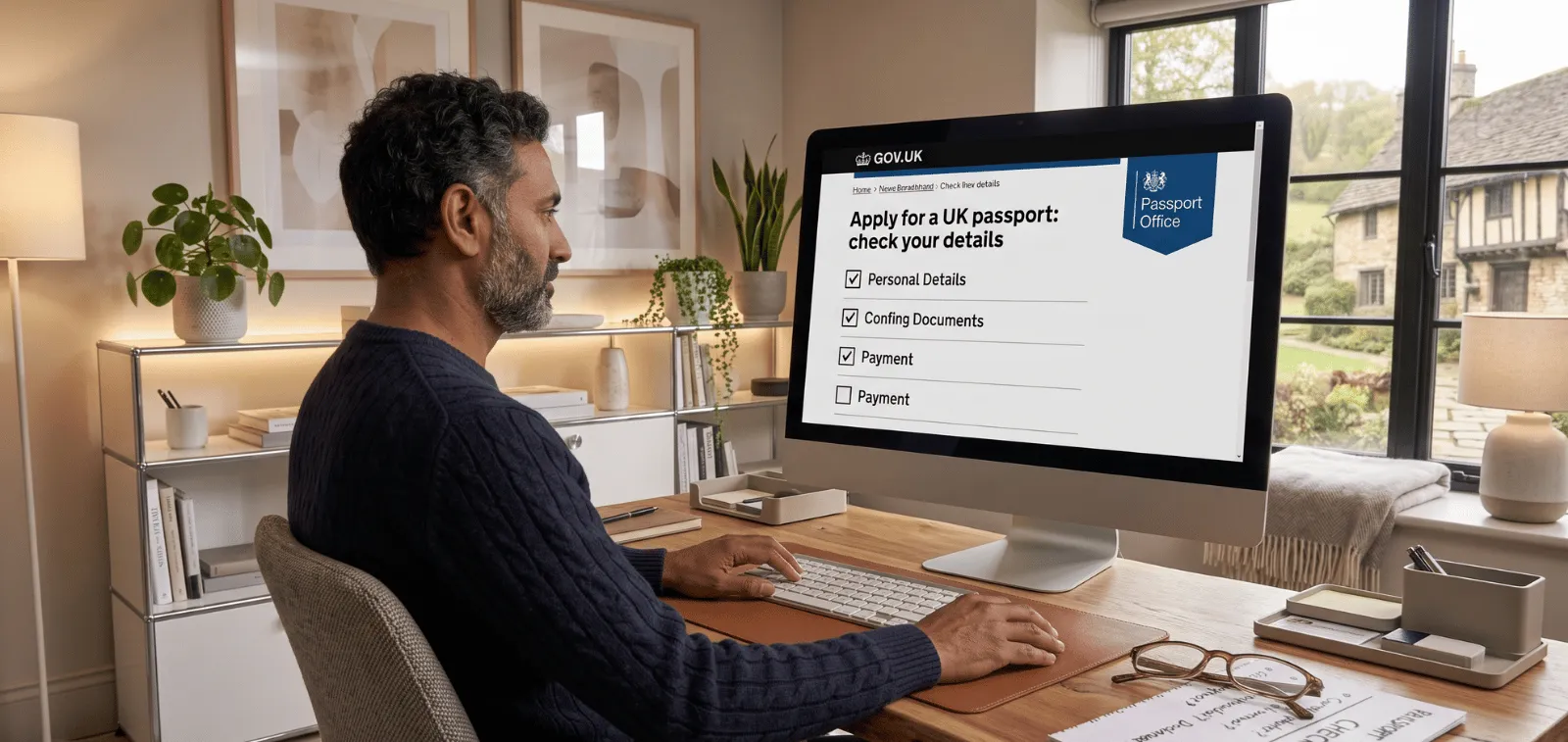 Person renewing a British passport online at home.