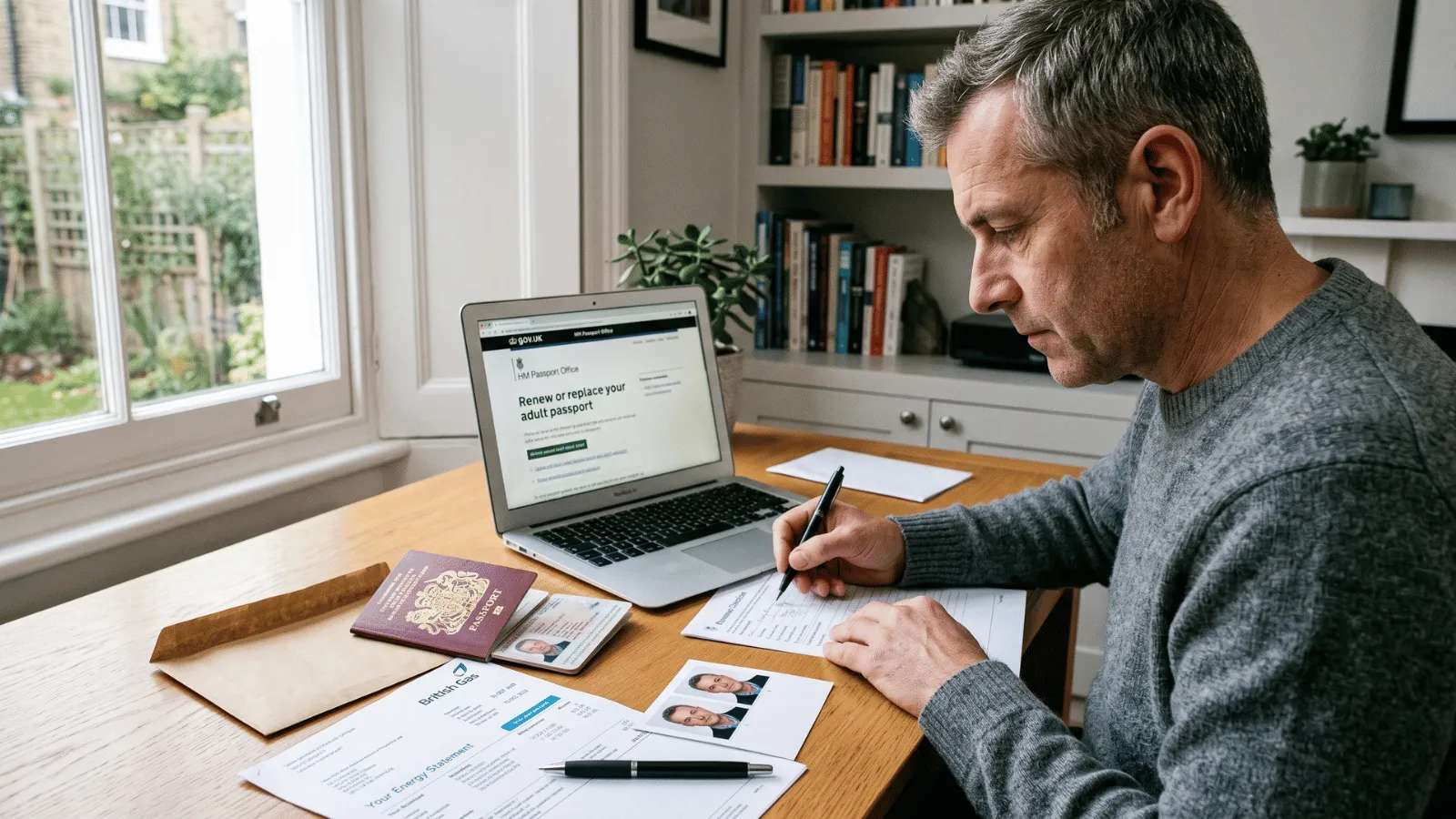 Person preparing documents for UK passport renewal at home.