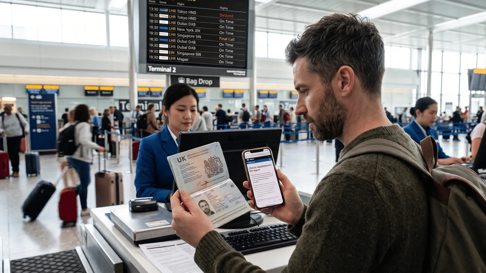 Traveller at airport checking UK passport expiry date.