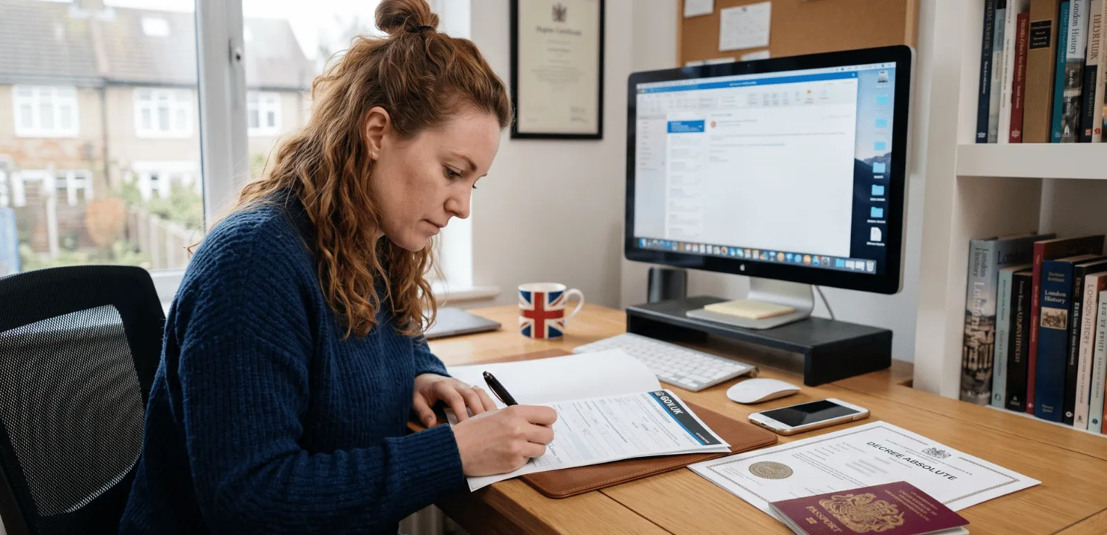 Woman filling out UK passport application after divorce