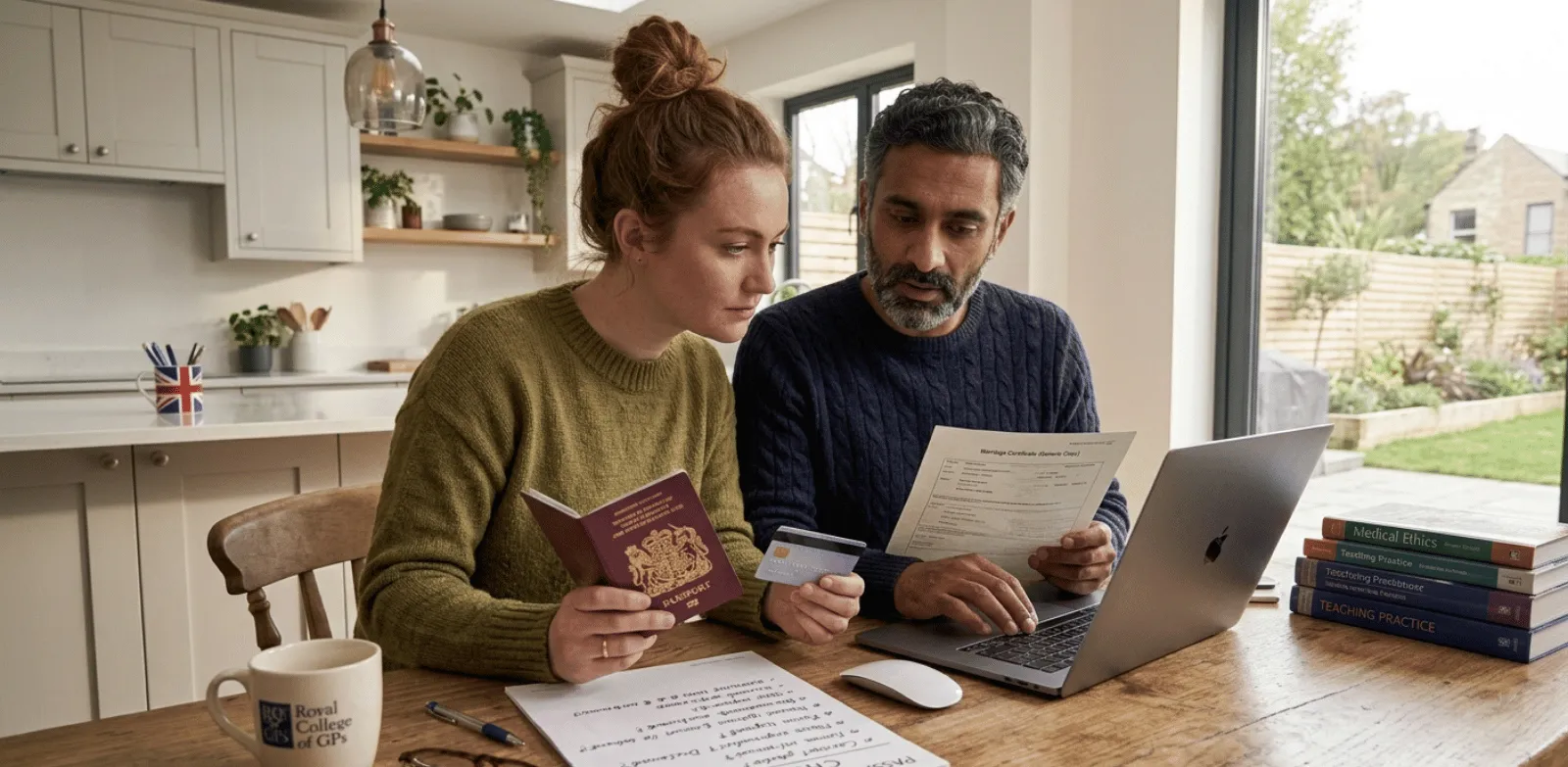 Newlywed couple reviewing documents for UK passport name change at home.