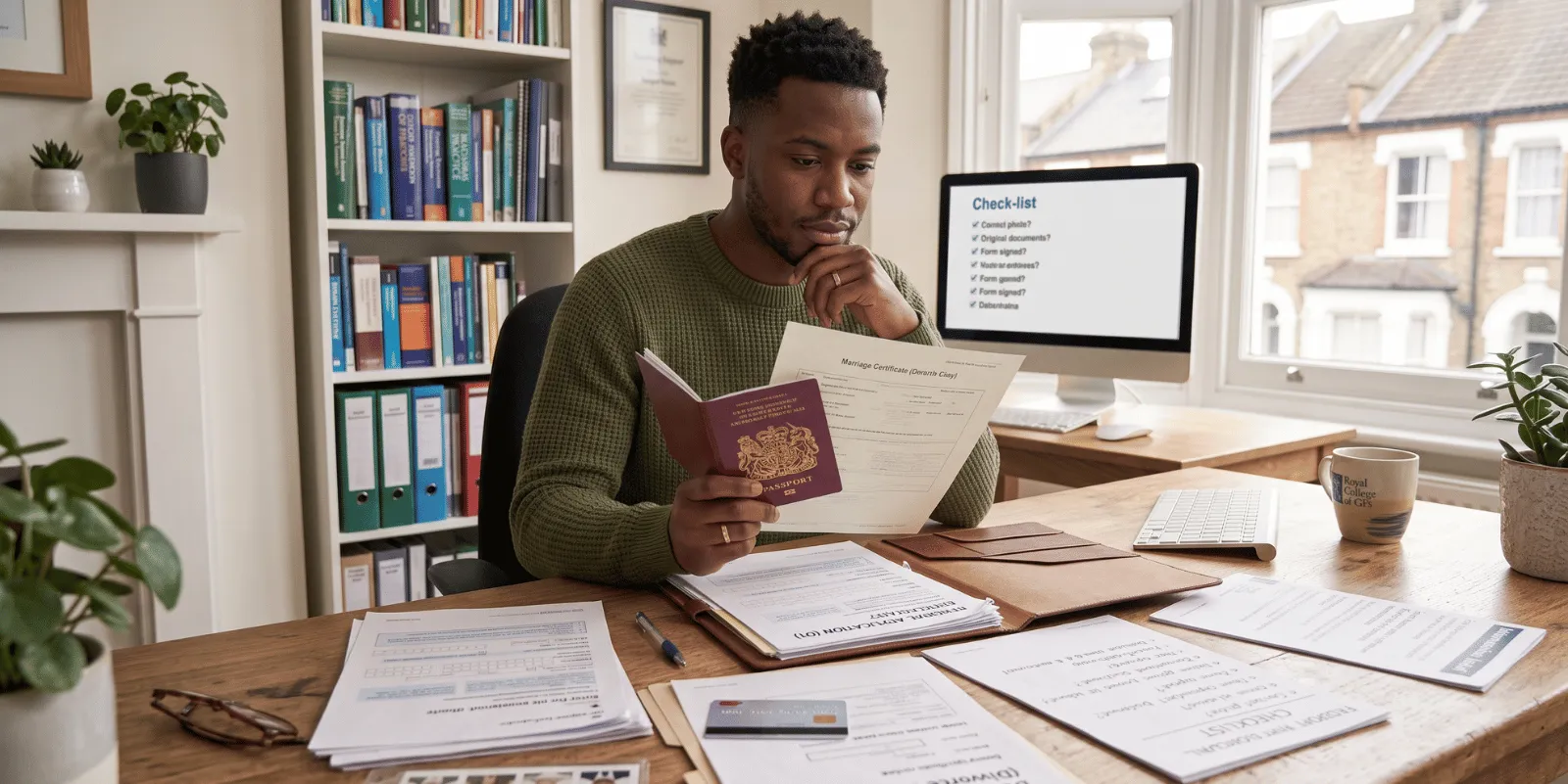 A person reviewing a marriage certificate and a British passport at home