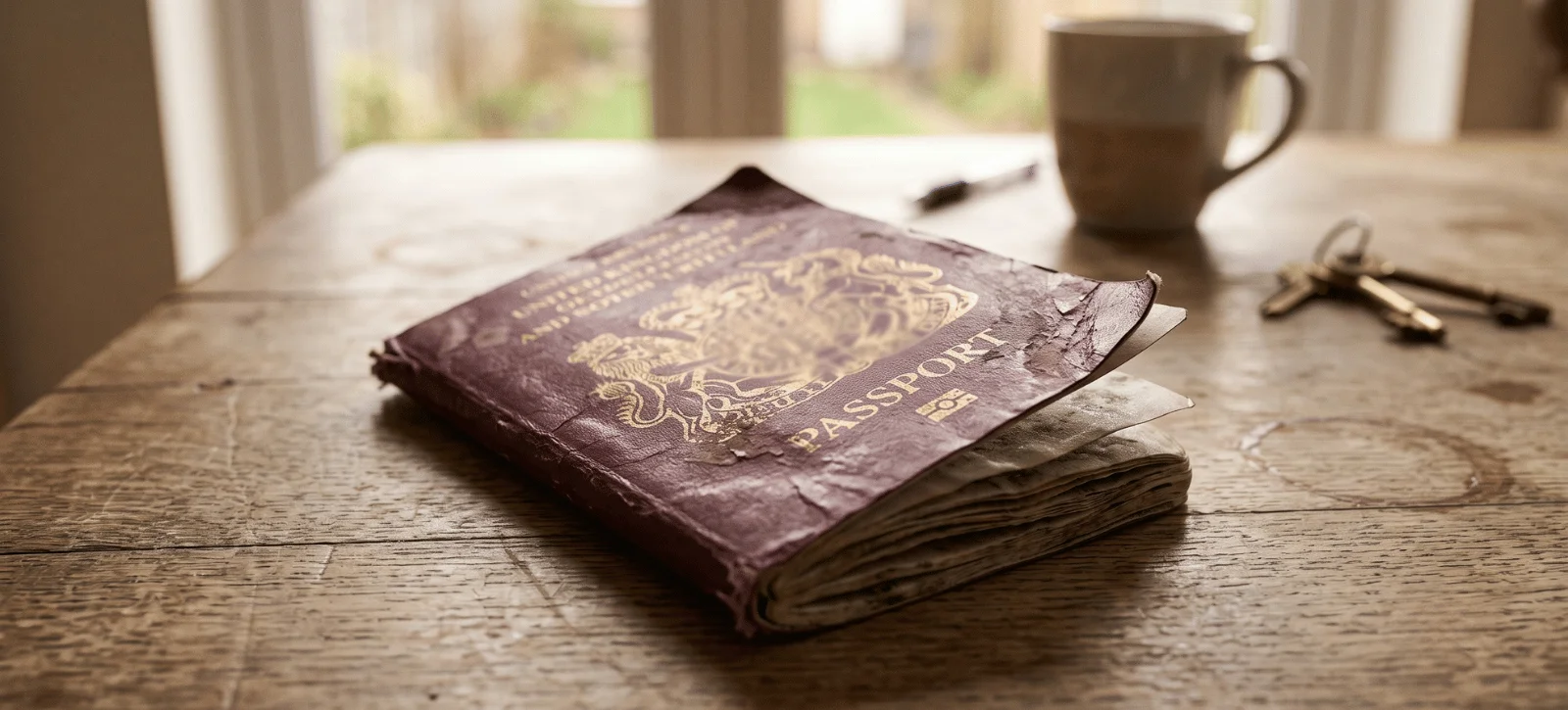 Water-damaged British passport with blurred details on a table.