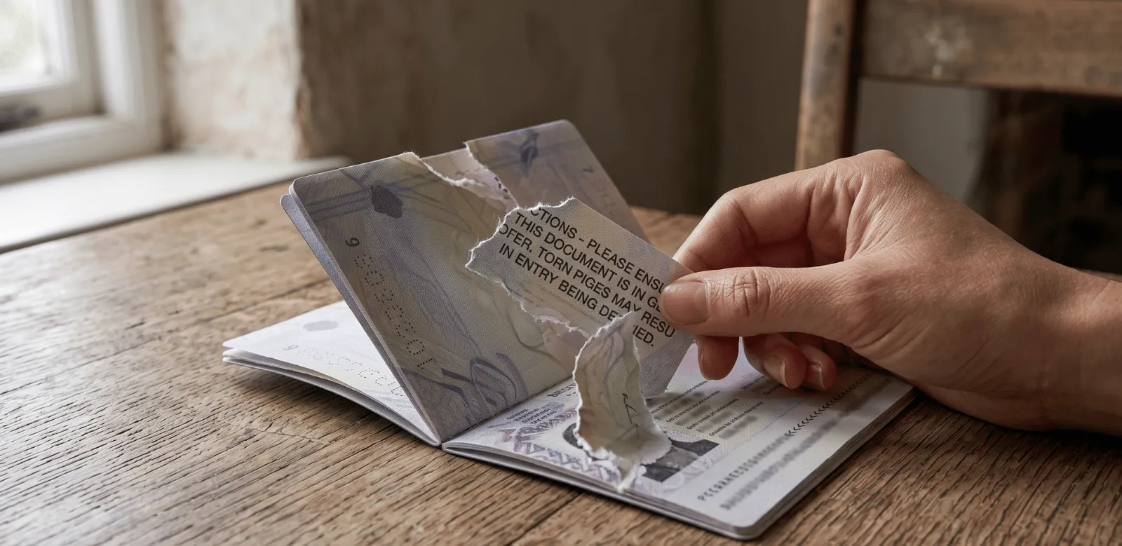 A British passport with a torn page being inspected in a UK home
