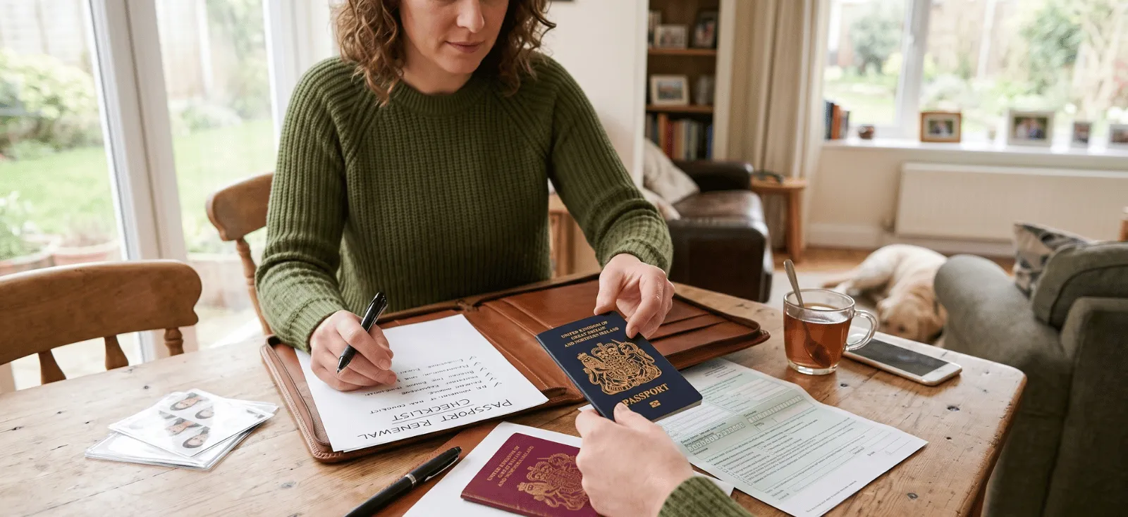 Person preparing British passport renewal documents at home
